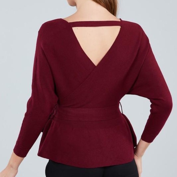 3/4 Sleeve V Neck Wrapped Waist Band Sweater - Picture 3 of 4
